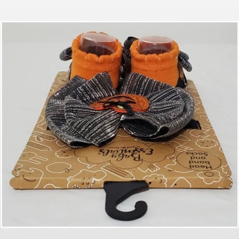 New Baby Halloween Headband & Sock Set Pumpkin Orange & Silver 0-6 Months
